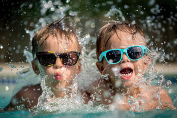 Joyful kids Splashing Water in Pool with Sunglasses, summer vacation concept