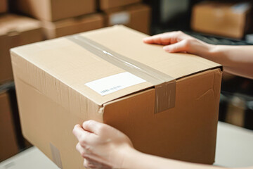 Close-up of a hand delivering a cardboard package in a warehouse setting.