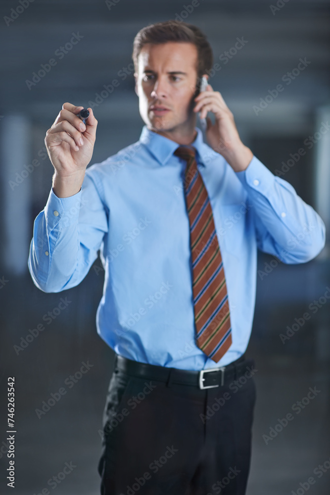 Poster businessman, planning and writing on glass with pen for notes of phone call, ideas or strategy for f