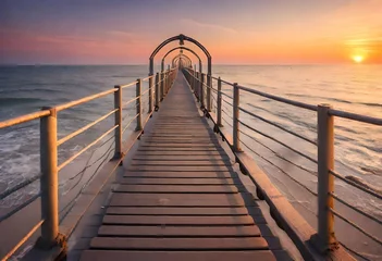 Fototapeten Footbridge sea beach meditation journey calm hormone sunset sea yoga © Ghulam