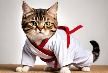 Cute tabby cat in karate uniform striking a pose