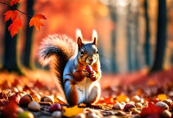 beautiful cute squirrel collecting nuts in colorful autumn landscape, fall forest background, winter is coming and animal wildlife as wallpaper