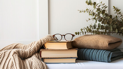 Comfort in Simplicity: Cozy Reading Nook with Stacked Books, Warm Knitted Blankets, and Stylish Eyeglasses - Perfect for Relaxation and Home Decor