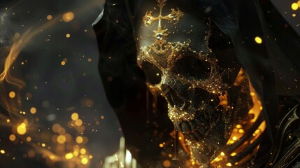 Close-up of a 3D reaper in a dark, hellish setting, adorned with gold, exuding a spiritual aura - obrazy, fototapety, plakaty