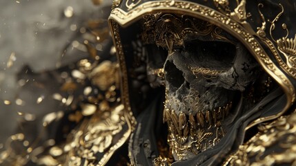Close-up of a 3D reaper in a dark, hellish setting, adorned with gold, exuding a spiritual aura - obrazy, fototapety, plakaty