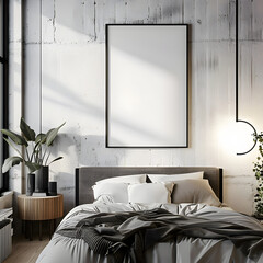 Frame horizontal frame mockup in loft bedroom interior