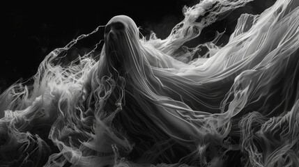 Close-up of a ghost in 3D, exhibiting fluidity as it drifts through the dark, hellish landscape - obrazy, fototapety, plakaty