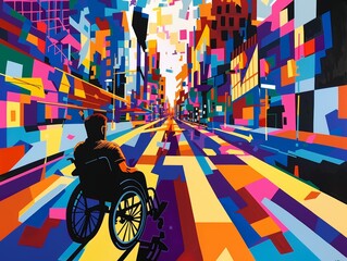 Wheelchair user navigating an urban pop art cityscape bold contrasts