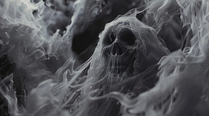 Close-up of a ghost in 3D, exhibiting fluidity as it drifts through the dark, hellish landscape