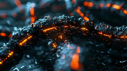 Close-up of Artificial Intelligence and Quantum Computing entwined with Blockchain, all augmented by dark Reality