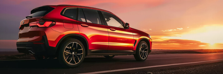 Naklejka premium red car on road at sunset