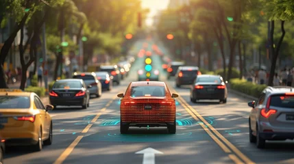 Fotobehang Autonomous Vehicles. Automotive engineers design autonomous vehicles equipped with electronic brains, enabling the vehicles to navigate safely and make split-second decisions on the road © arti om