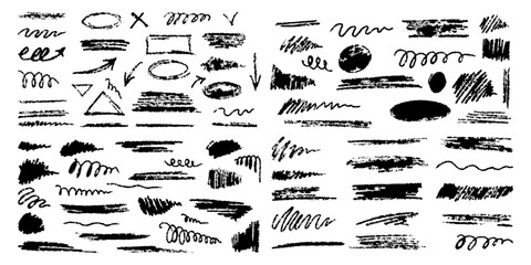 Hand-drawn underlining elements, brush with crayon effect, chalk texture. Chalk stroke for highlighting. Vector illustration in children's style. Crayon brush colored underline.