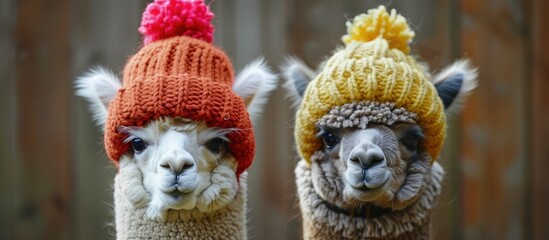 Two llamas are dressed in knitted hats and scarves, looking adorable and cozy. The llamas stand side by side, showcasing the colorful accessories on their heads and necks.
