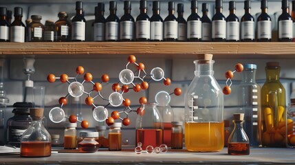 In a chemistry laboratory, students conduct experiments to synthesize and analyze molecules, referring to molecule structure illustrations in their textbooks and lab manuals - obrazy, fototapety, plakaty