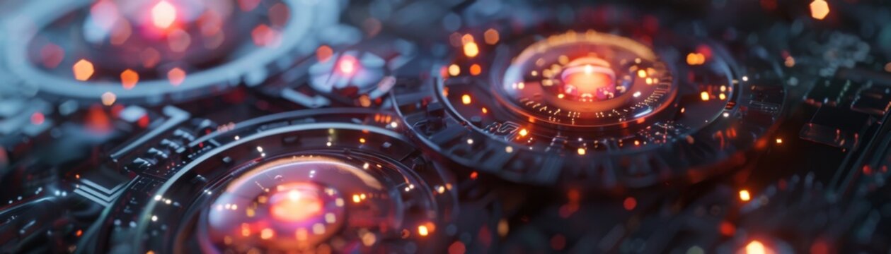 Quantum Computing and Blockchain powered by Artificial Intelligence, close-up in a dark Augmented Reality