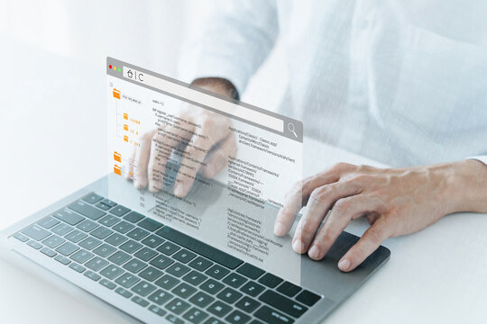 Software engineer or developer or analyst working with laptop. Big data and information program management. Data science tech, digital network transformation technology developer, coding programmer