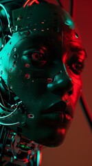 A dark, close-up view of a human with robotic features in a 3D portrait, set against red and green