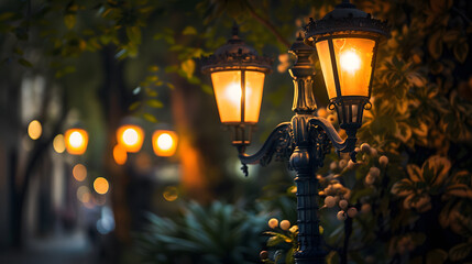 Nostalgic street lights shining through oleaguum trees at night