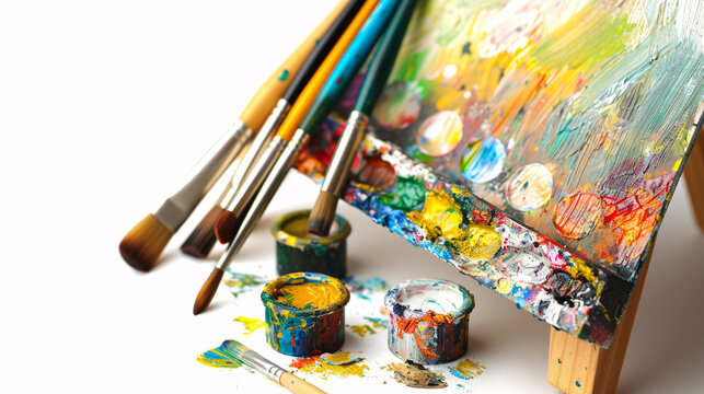 Vibrant Art Creation: A Close-Up View of Paint Brushes, Colorful Paints, and a Canvas Covered in a Burst of Artistic Expression