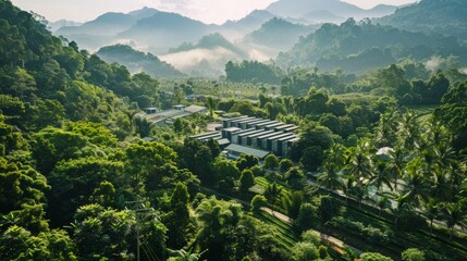 The lush greenery surrounding the factory is a testament to their commitment to reforestation and biodiversity with dedicated areas for wildlife and plant species conservation - obrazy, fototapety, plakaty
