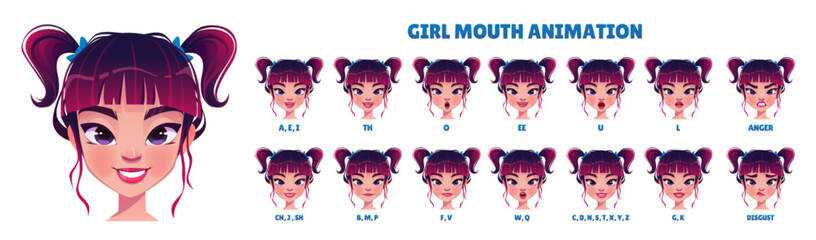 Girl mouth animation set isolated on white background. Vector cartoon illustration of female teen character face pronouncing different sounds, lip sync and emotions collection, avatar constructor