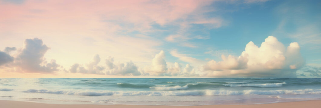 Sea landscape.A serene beach scene with a blue sky, fluffy white clouds, and crystal blue waters.