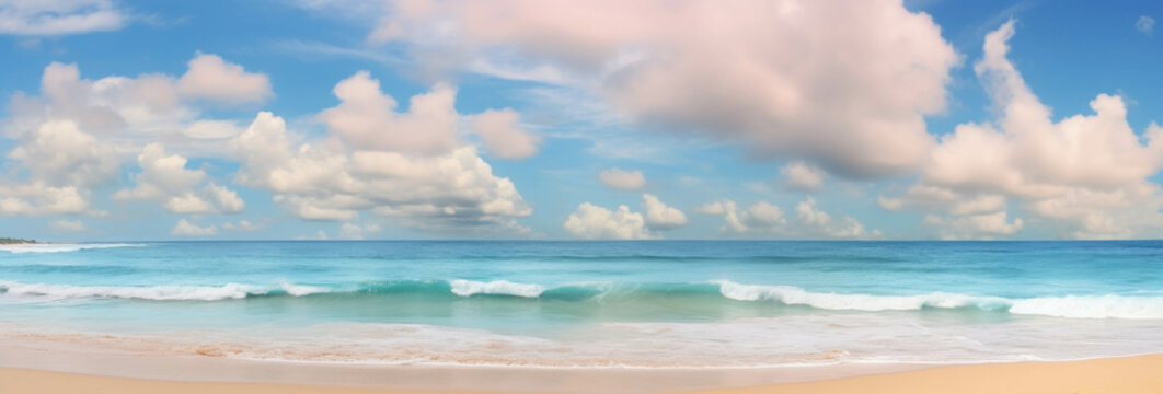 Sea landscape.A serene beach scene with a blue sky, fluffy white clouds, and crystal blue waters.
