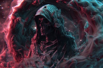 Astronomical portal in 3D, with a reaper looming close-up, all depicted in a dark, ominous way - obrazy, fototapety, plakaty