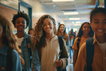Multiracial group of cheerful high school friends walk through hallway at school - obrazy, fototapety, plakaty