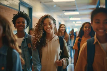 Foto op Canvas Multiracial group of cheerful high school friends walk through hallway at school © Kien