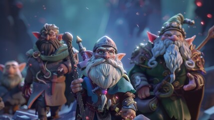 Close-up of 3D elves, wizards, and dwarves embarking on dark, mysterious quests - obrazy, fototapety, plakaty