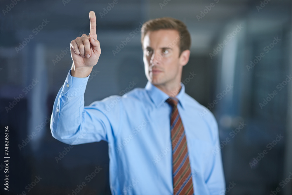 Poster Business man, finger and digital interface for choice or press button on virtual menu in office. Touch, professional and hand gesture on screen, click and future innovation of tech for consultant