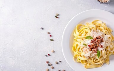 Classic homemade carbonara pasta with pancetta, egg, hard parmesan cheese and cream sauce