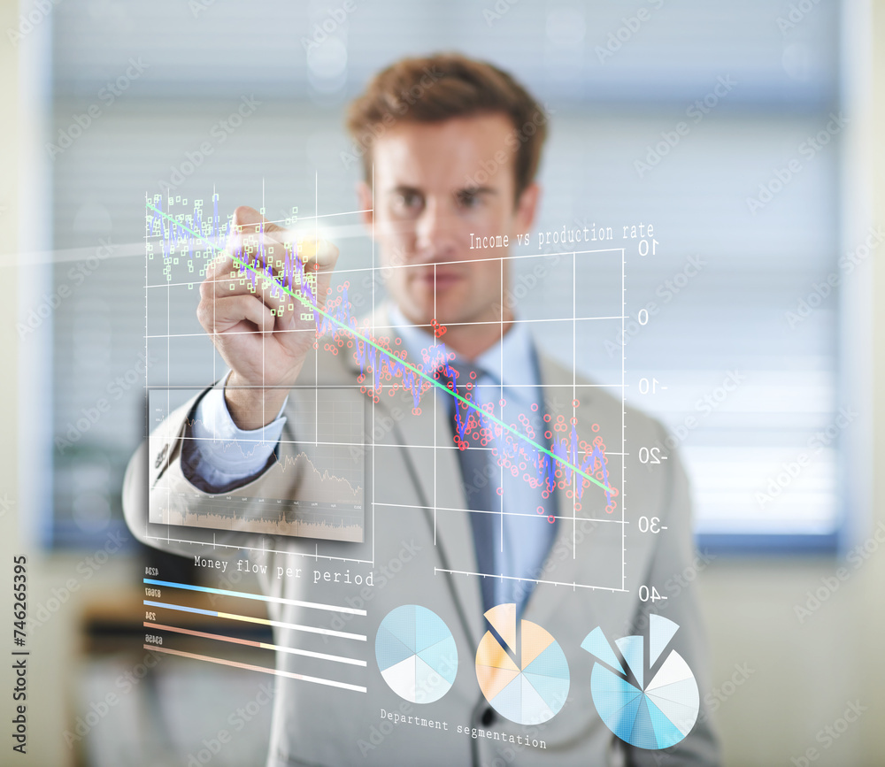 Poster Future, touch or businessman charts with hologram or overlay for technology for growth statistics. 3d, financial or entrepreneur with touchscreen for money flow info, database or enterprise graphs