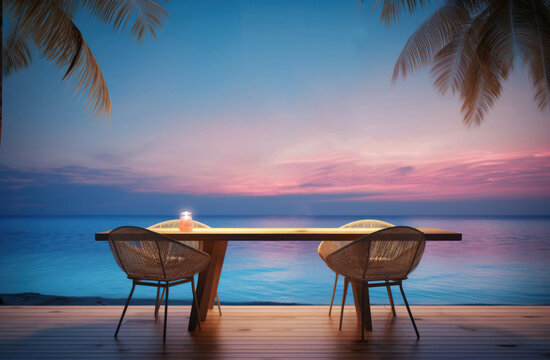Pictures of a table set up for a romantic on the sea summer holiday beach with lights.Summer love on Vacation concept