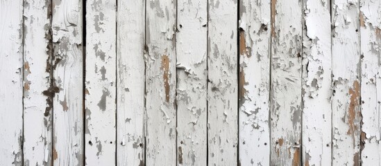 This photo captures a top view of a grunge background with peeling paint on an old wooden floor, showcasing a white wood texture.