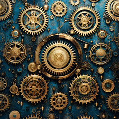 Golden gears and cogwheels on a blue background.  3d  rendering