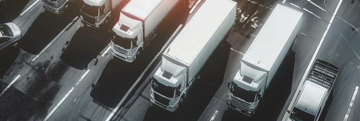  view of several trucks cargo parked on an empty road, 