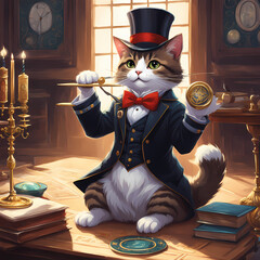 cat magician showing magic spell - obrazy, fototapety, plakaty