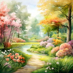 Watercolor landscape with trees. river and colorful flowers. Vector illustration.