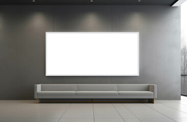 A large mock-up white frame on a grey wall above a white couch in the office