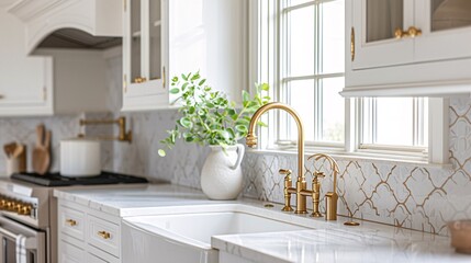 An elegant kitchen design featuring white cupboards, a golden spigot, white marble counters, and a brown ceramic tile backsplash.