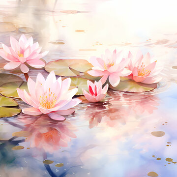 Water lily flower with reflection in the pond. Vector illustration.