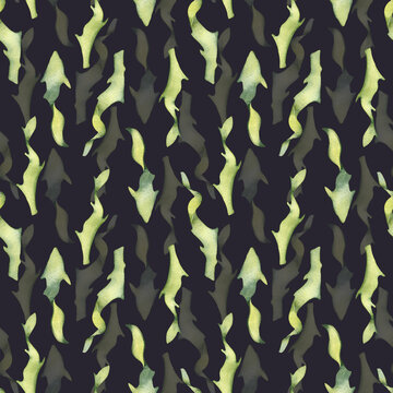 Watercolor seamless pattern of colorful laminaria illustration isolated on black. Kelp, seaweeds hand drawn. Painted algae. Design for background, textile, packaging, wrapping, marine collection