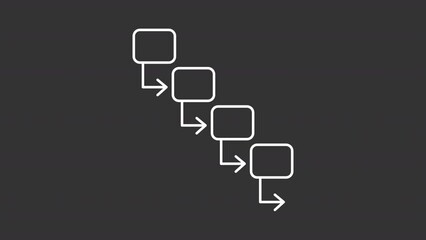 Waterfall model white line animation. Flowchart animated icon. Sequential tasks. Workflow plan. Project management. Isolated illustration on dark background. Transition alpha video. Motion graphic