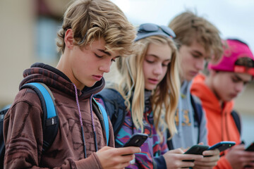 Teenagers addicted to phones  - obrazy, fototapety, plakaty