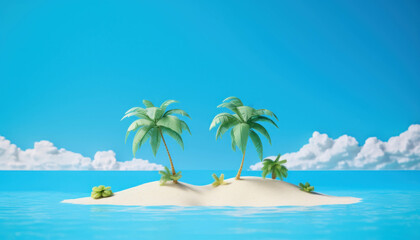 A small desert island with palm trees in the middle of the ocean. Summer travel advertising holiday
