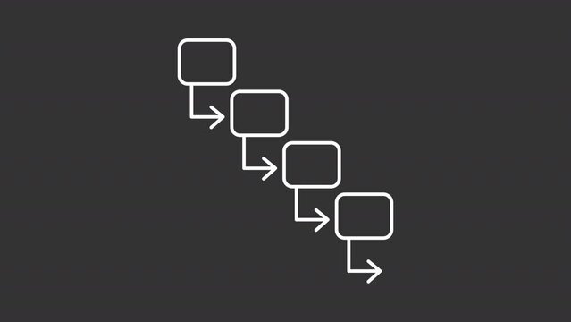 Waterfall model white line animation. Flowchart animated icon. Sequential tasks. Workflow plan. Project management. Isolated illustration on dark background. Transition alpha video. Motion graphic