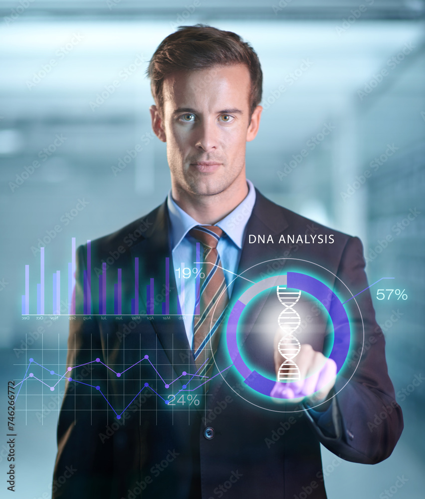 Poster businessman, online and portrait with futuristic hologram of dna analysis, database and information 